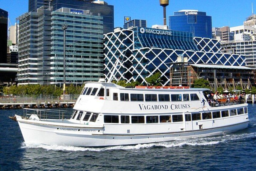 A white cruise ship named Vagabond Cruises sailing in a city harbor with modern buildings in the background. 2