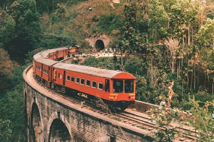 A red train on a bridge with a tunnel in the background. 2
