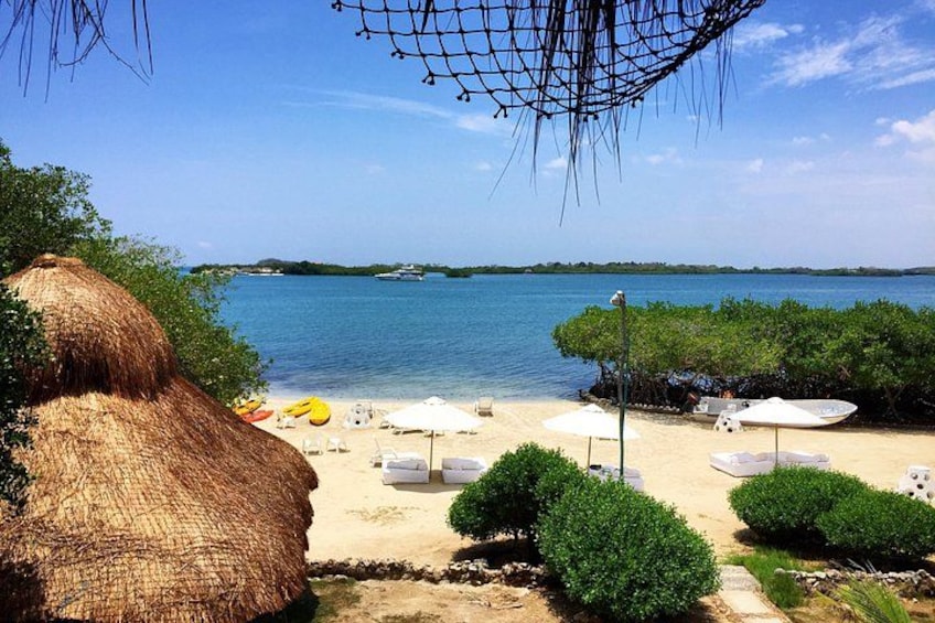 A beach with thatched umbrellas, lounge chairs, and a clear view of the sea. 3