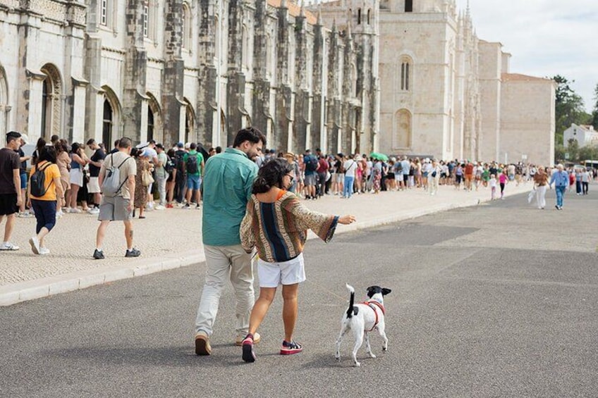 A crowded street with people walking, a historic building, and a dog. 4