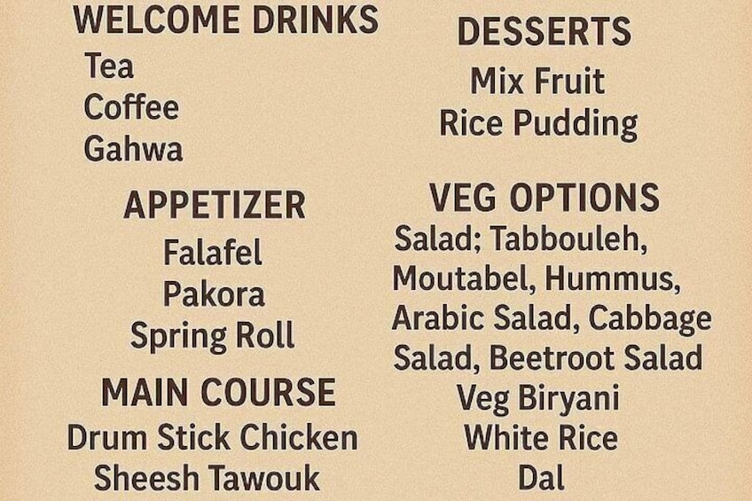 A menu with categories like Welcome Drinks, Desserts, Appetizer, Veg Options, Main Course, and Veg Biryani. 5