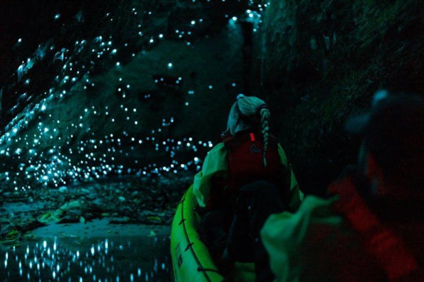 Una persona en kayak recorre un río de noche, con organismos bioluminiscentes que iluminan el agua. 1
