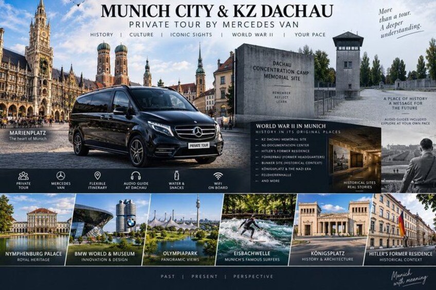 A Mercedes van parked in front of a historic building, with text about a private tour of Munich and KZ Dachau. 1
