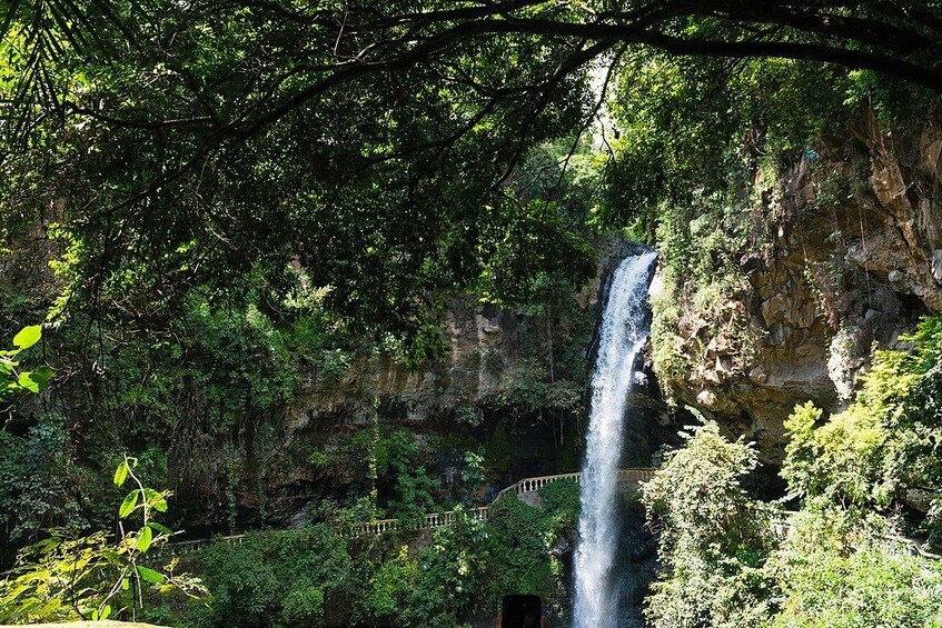 A waterfall surrounded by dense forest and rocky cliffs. 5