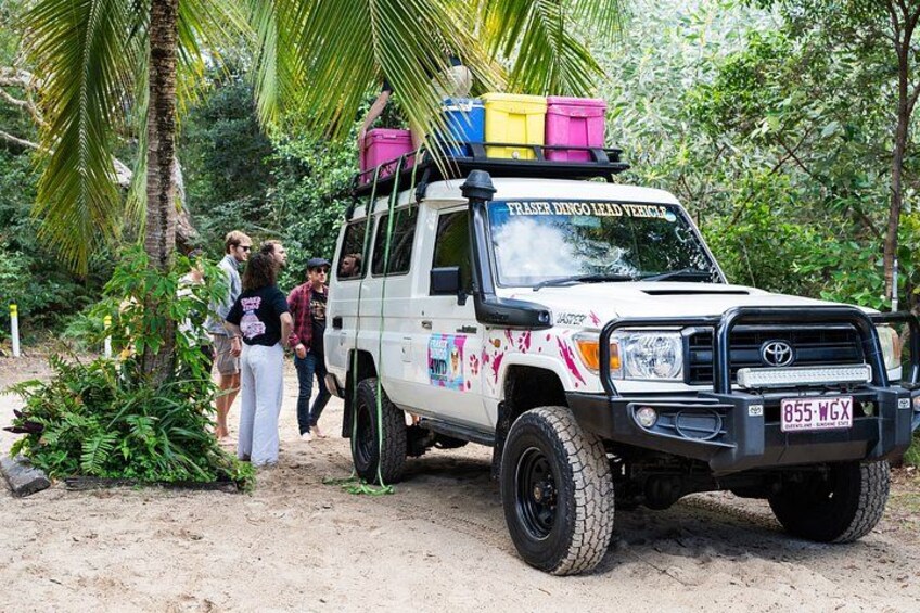 A white off-road vehicle with colorful storage boxes on top, parked on a sandy path surrounded by greenery. 2