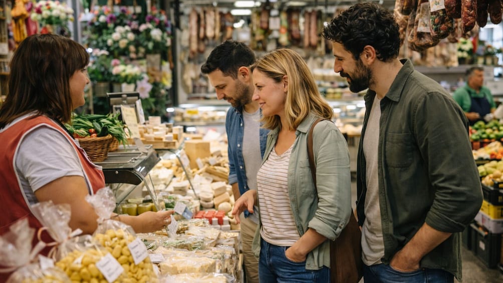 A group of people shopping in a market with various food items and flowers in the background. 5