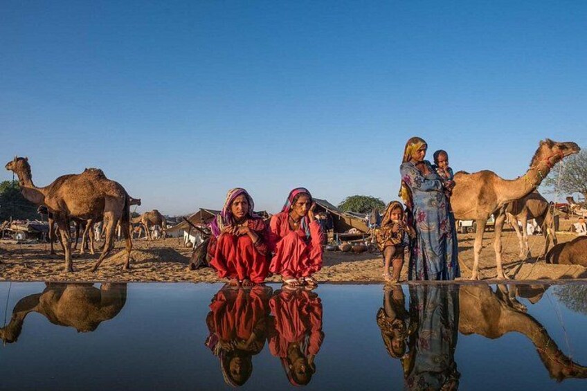 A desert scene with camels and people. 3