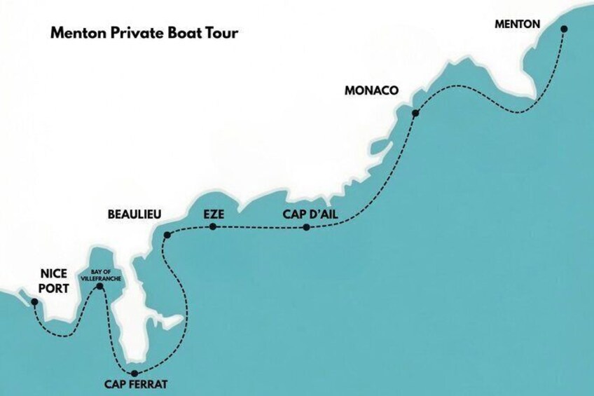 A private boat tour route from Nice Port to Menton, including stops at Beaulieu, Eze, Cap d'Ail, Monaco, and Cap Ferrat. 3