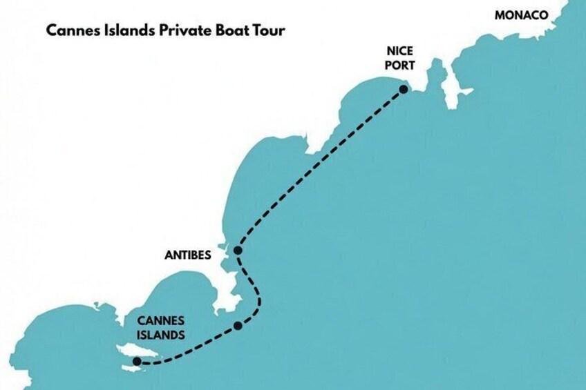 A private boat tour route from the Nice Port to the Antibes area in the Cannes Islands. 2