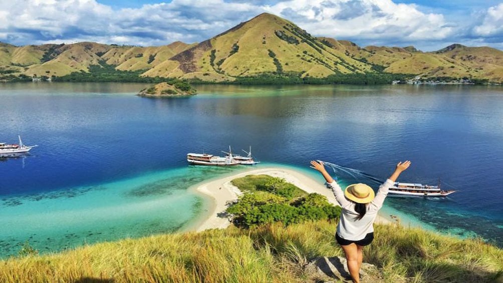 A person on a hill overlooking a lake with boats and a mountain in the background. 1