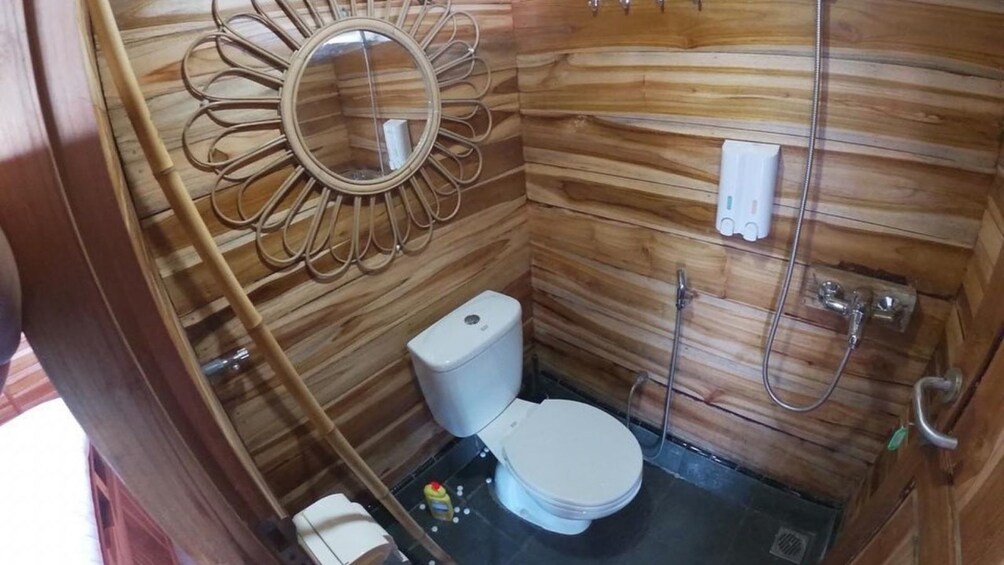 A compact wooden bathroom with a toilet, a shower, and a decorative mirror. 4