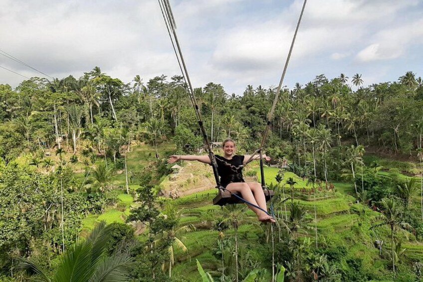 A person on a swing in a lush green landscape with trees and hills. 2