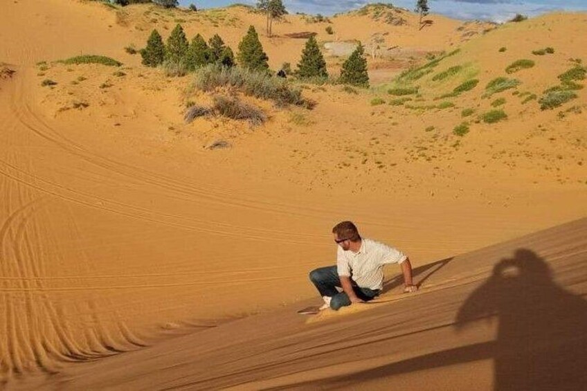 A person sliding down a sand dune. 2
