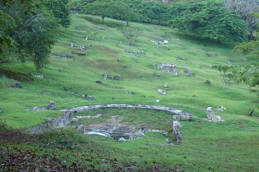 A grassy hillside with scattered stone structures and trees. 4
