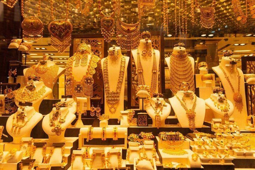 Jewelry display in the Gold Souk, a traditional market in Old Dubai.