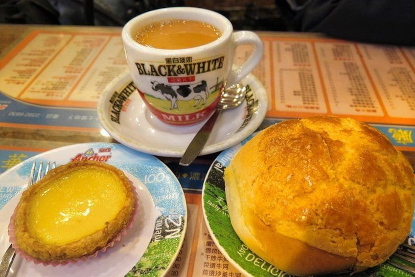 Egg tart, pineapple bun, and milk tea 1