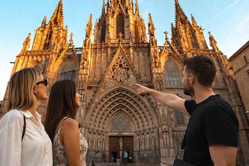 A Gothic cathedral with intricate architecture, a person pointing towards it, and two individuals observing. 3