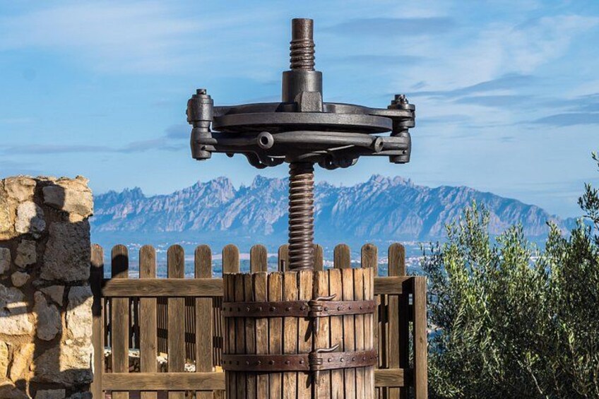 A wooden gate with a metal structure on top, a stone wall, and a mountain range in the background. 3
