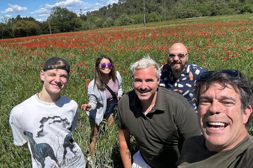 A group of people in a field of red poppies. 2