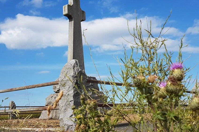 A stone cross with a metal railing in a natural setting. 2