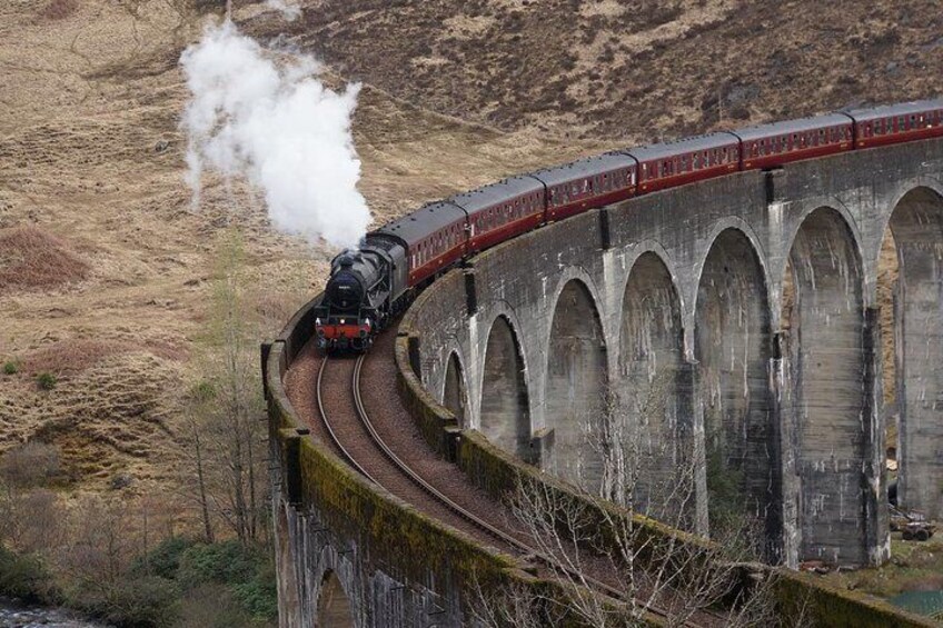 Un tren de vapor viajando sobre un viaducto de piedra en una zona montañosa. 5