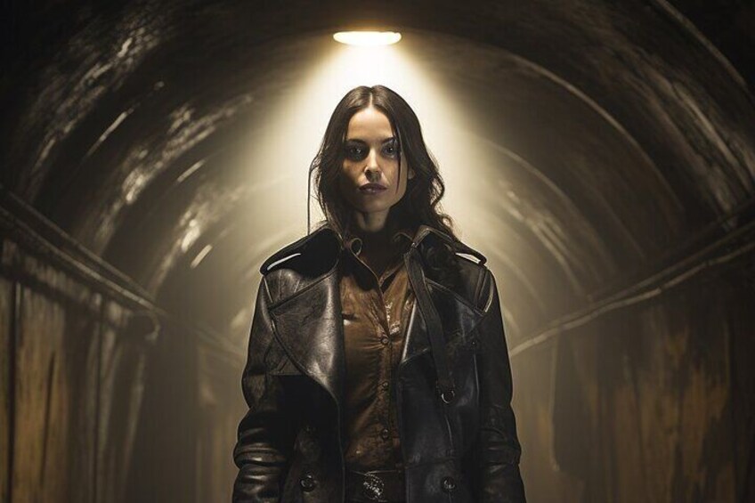 A person standing in a dimly lit tunnel with a light source at the end. 1