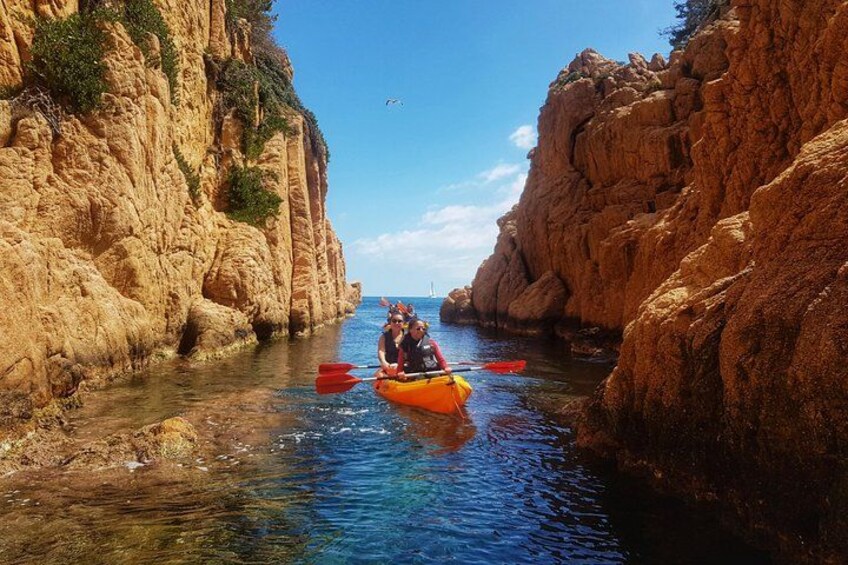 Un grupo practica kayak por un cañón estrecho con acantilados rocosos. 2