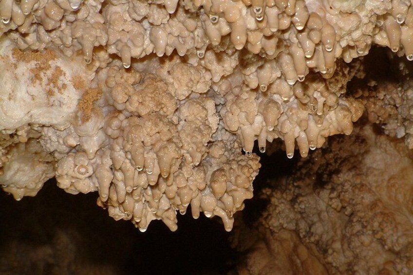 Primer plano de una formación cavernosa con estalactitas y estalagmitas. 3