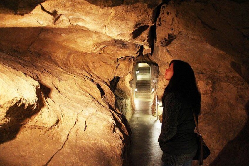 Una persona de pie en una cueva con un camino que lleva a una salida. 4