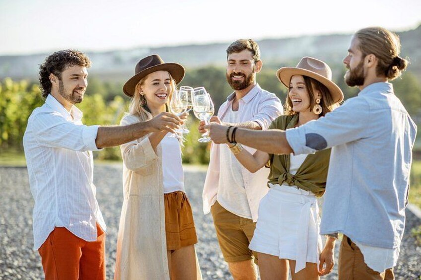 A group of people toasting with wine glasses in an outdoor setting with a gravel ground and greenery in the background. 5