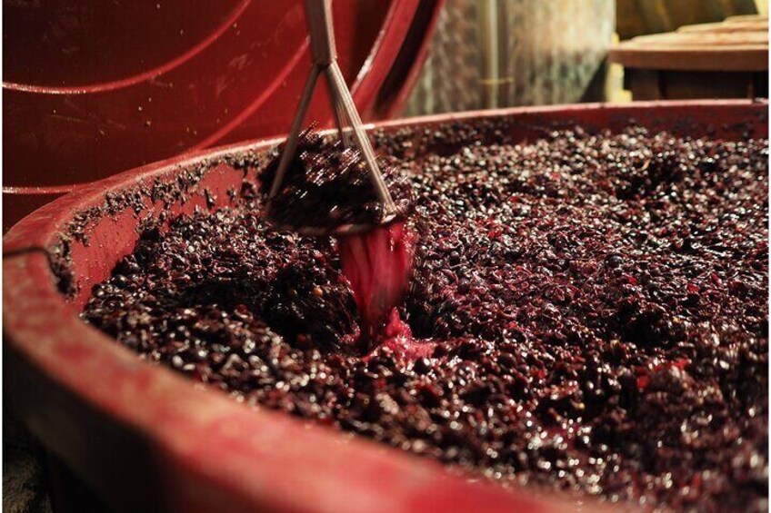 A large red container filled with a dark liquid, possibly wine or juice, being stirred with a metal ladle. 2
