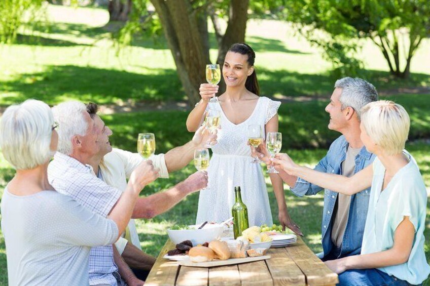 A group of people toasting with wine glasses around a picnic table in a park. 1