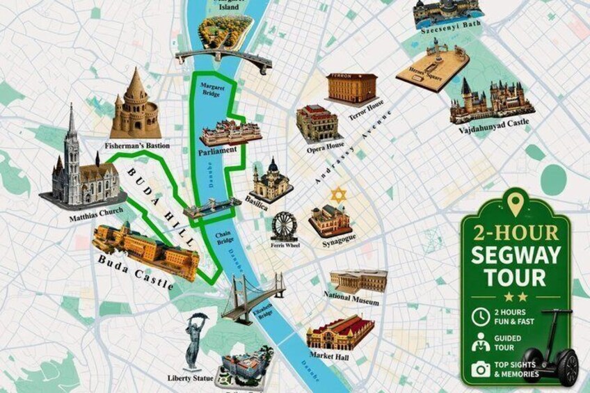 Een kaart van een 2-uur durende Segway tour, met bezienswaardigheden zoals Fisherman's Bait, het Parlement en Buda-kasteel. 5
