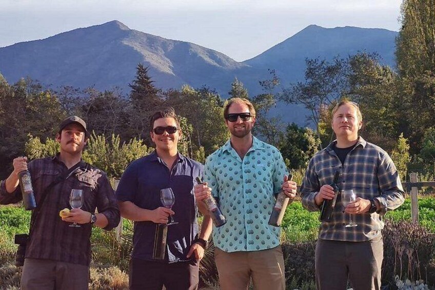 Quattro persone all'aperto con bicchieri di vino, una montagna sullo sfondo e vegetazione tutt'intorno. 3