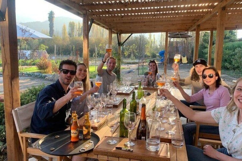 A group of people toasting at a wooden table outdoors with wine glasses and bottles. 2