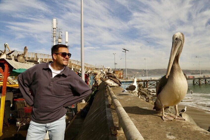 A man standing on a pier with a large pelican nearby. 2