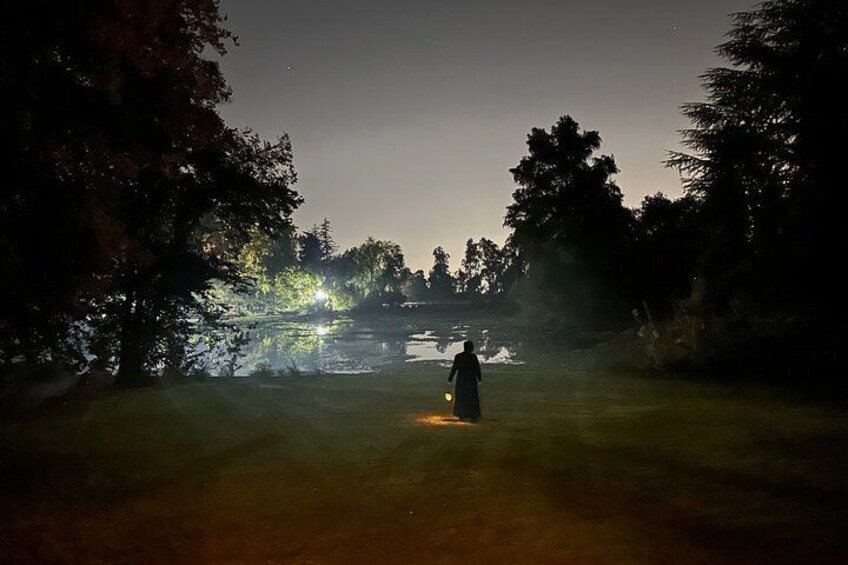A person standing by a lake at night with trees and a distant light source. 3