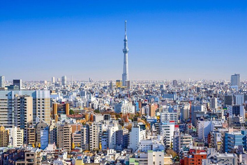 A densely packed urban landscape with a prominent tower in the distance. 3