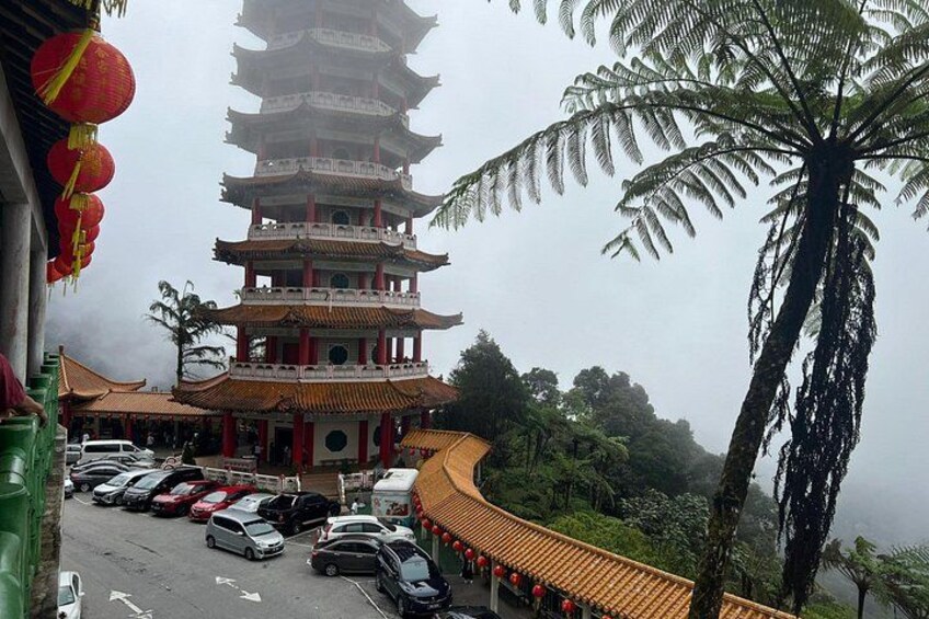 A multi-tiered pagoda with red lanterns, a parking lot, and a large fern tree. 4