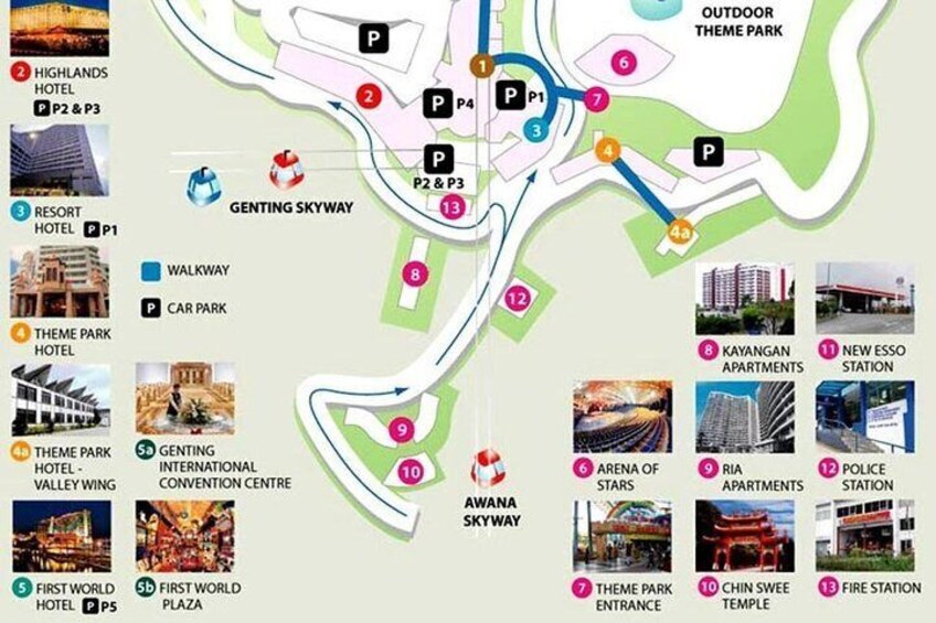 A theme park map with various hotels, a convention center, and a fire station. 5