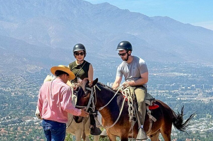 A person riding a horse with a mountainous landscape in the background. 5