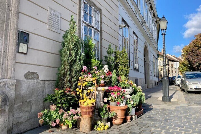 Een straat met een gebouw, bloemen en een geparkeerde auto. 5