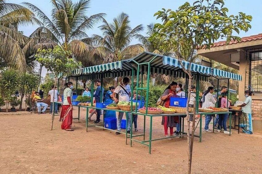 A market with people buying and selling fruits under a striped awning. 5