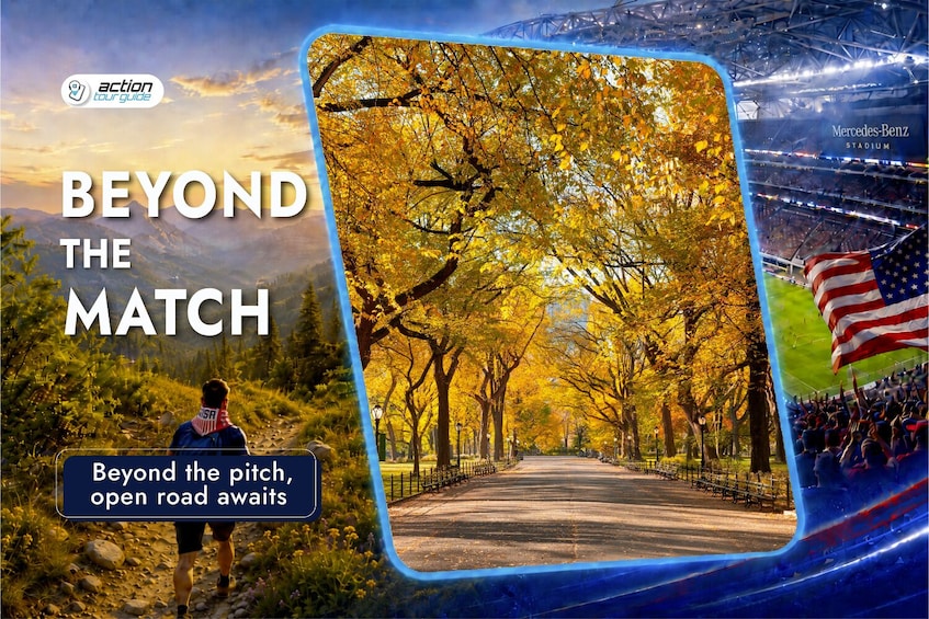 A person hiking, autumn trees, and a stadium with an American flag. 3