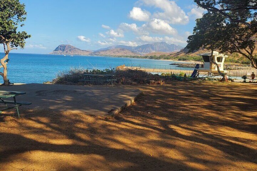 Una playa con una torre de salvavidas, mesas de picnic y una montaña al fondo. 1