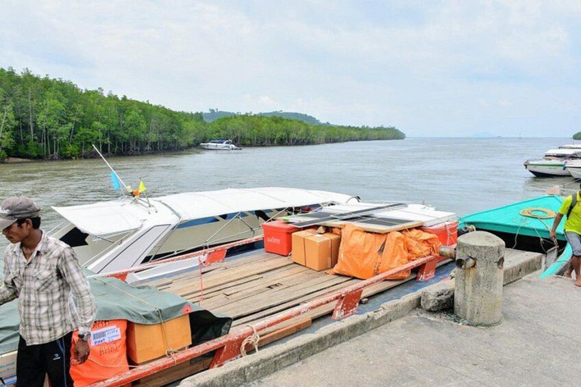 A dock with boats, a man standing, and a forested shoreline. 2