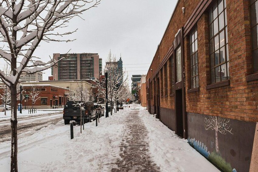 A snow-covered street with a brick building on the right, parked cars, and bare trees. 3
