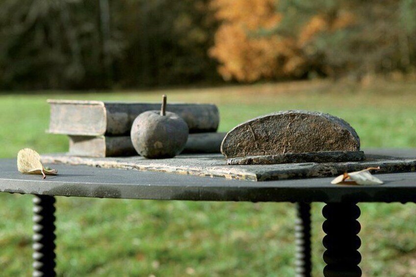 Una mesa de picnic con un libro, una pelota y un tronco. 4