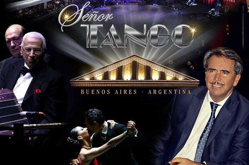 Een tango optreden met een man en vrouw in een danshouding, een piano en een gebouw met zuilen. 2