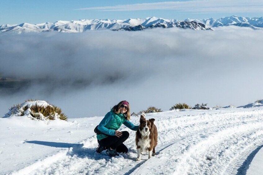 Eine Person in blauer Jacke und schwarzer Hose kniet auf einem verschneiten Berg, neben einem Hund. 5